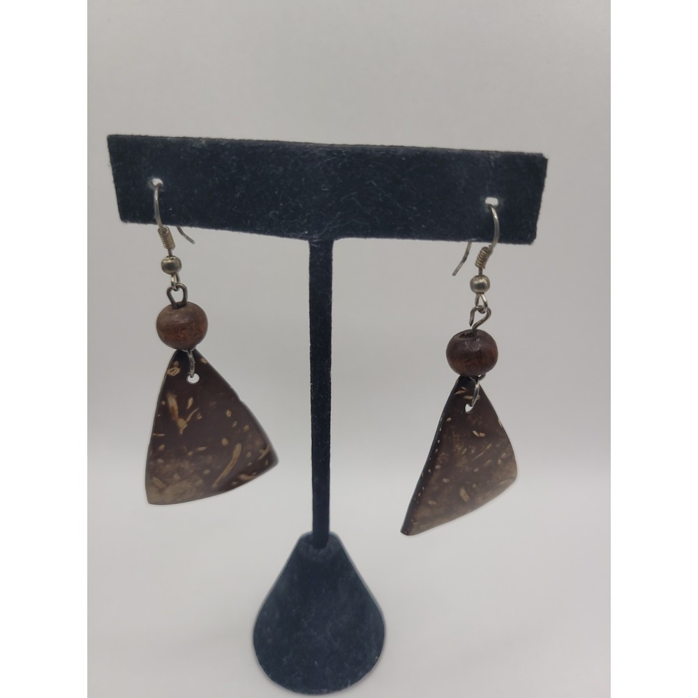 Handmade Coconut Shell Triangle‎ Dangle Earrings Wood Bead Boho Tropical Hook